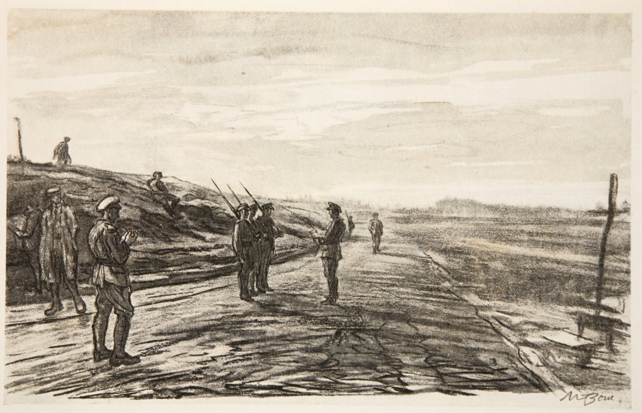 Nocna pikieta, ilustracja z książki "The Western Front", wyd. przez Country Life Ltd. autorstwa David Muirhead Bone
