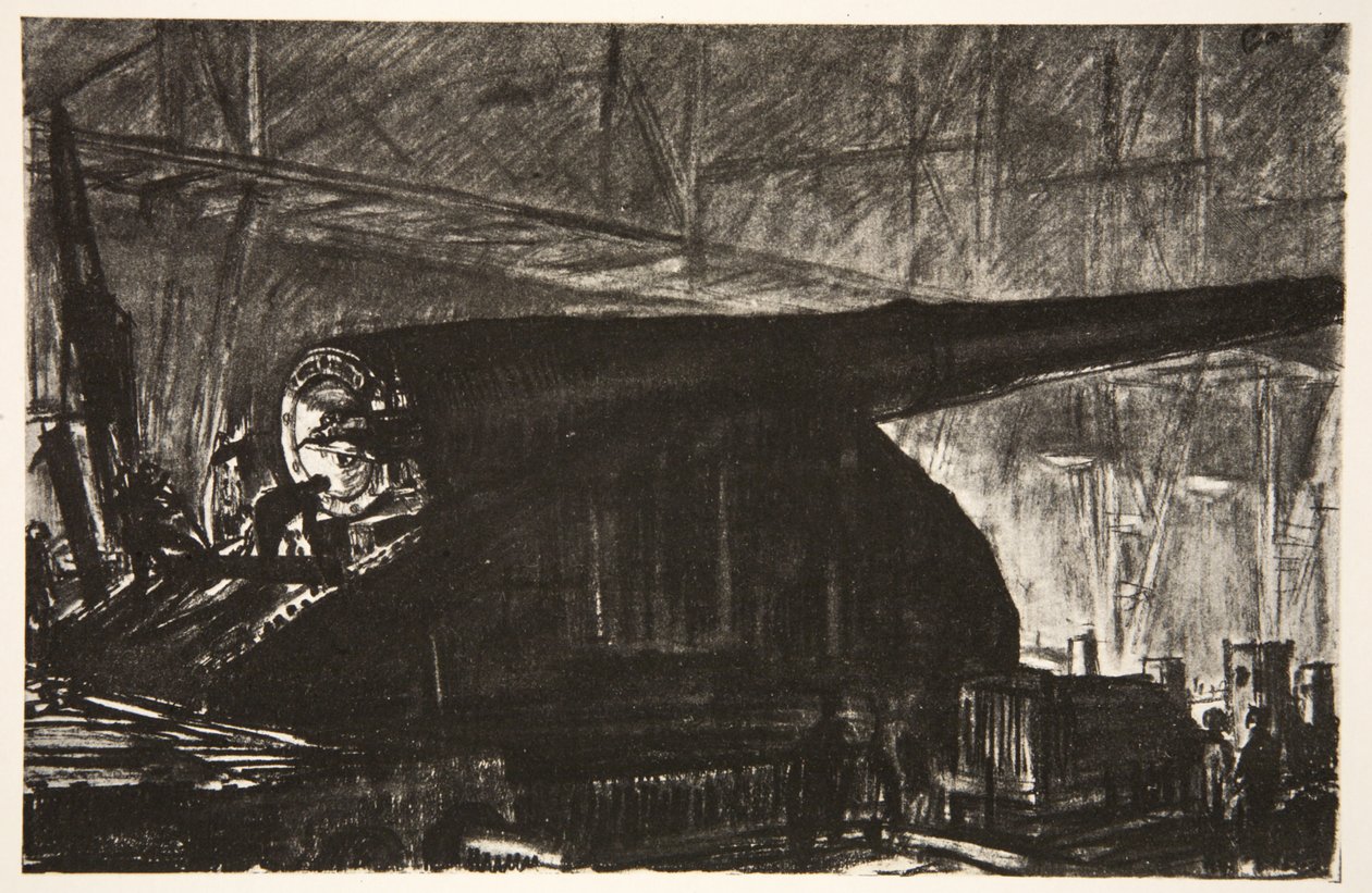 Nocna zmiana pracująca nad dużym działem, ilustracja z "The Western Front", wyd. przez Country Life Ltd. autorstwa David Muirhead Bone