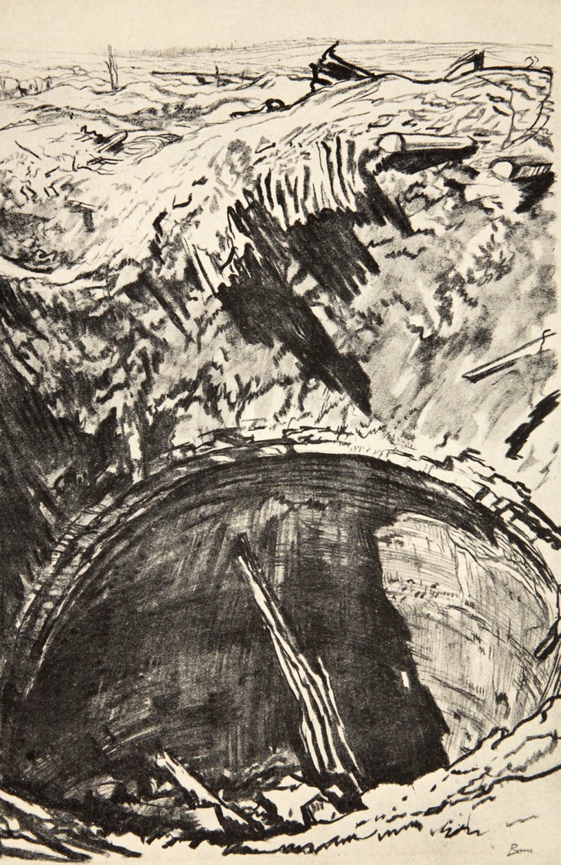 Kopalnia w Mouquet Farm, ilustracja z "The Western Front", wyd. przez Country Life Ltd. autorstwa David Muirhead Bone