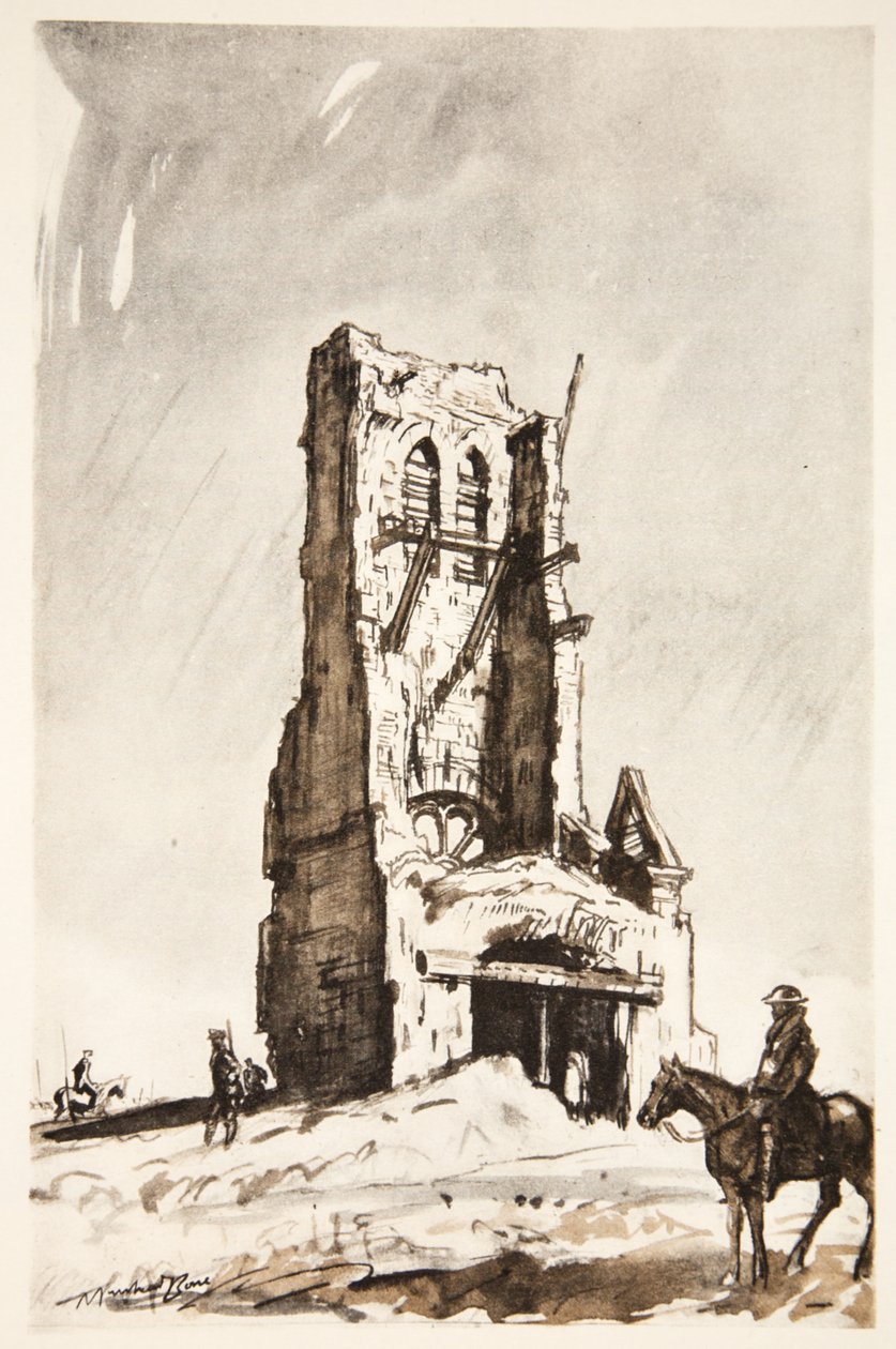 Zrujnowana wieża Becordel Becourt, ilustracja z "The Western Front", wyd. przez Country Life Ltd. autorstwa David Muirhead Bone