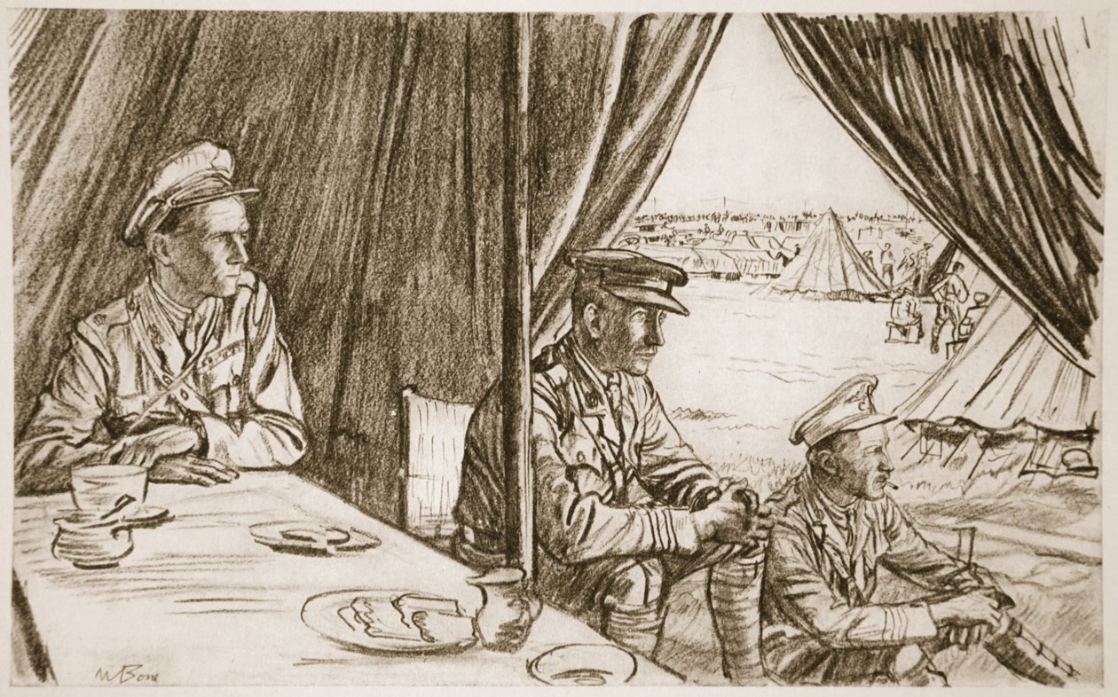 Oczekiwanie na rannych, ilustracja z "The Western Front", wyd. przez Country Life Ltd. autorstwa David Muirhead Bone