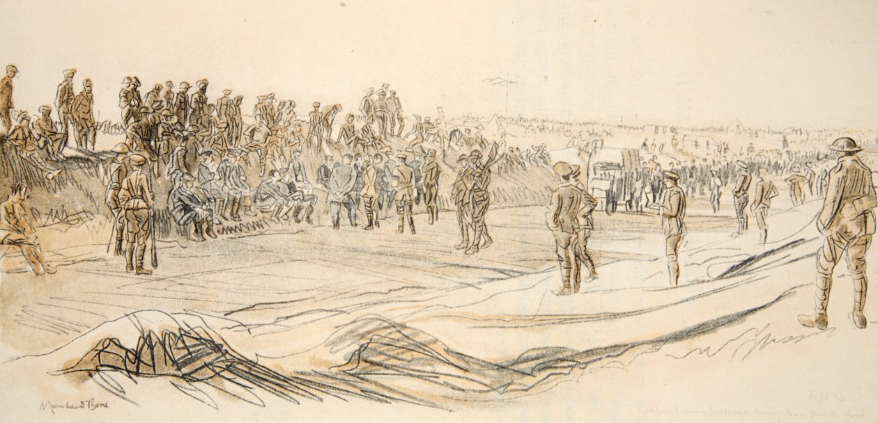 Obserwowanie niemieckich jeńców, ilustracja z "The Western Front", wyd. przez Country Life Ltd. autorstwa David Muirhead Bone