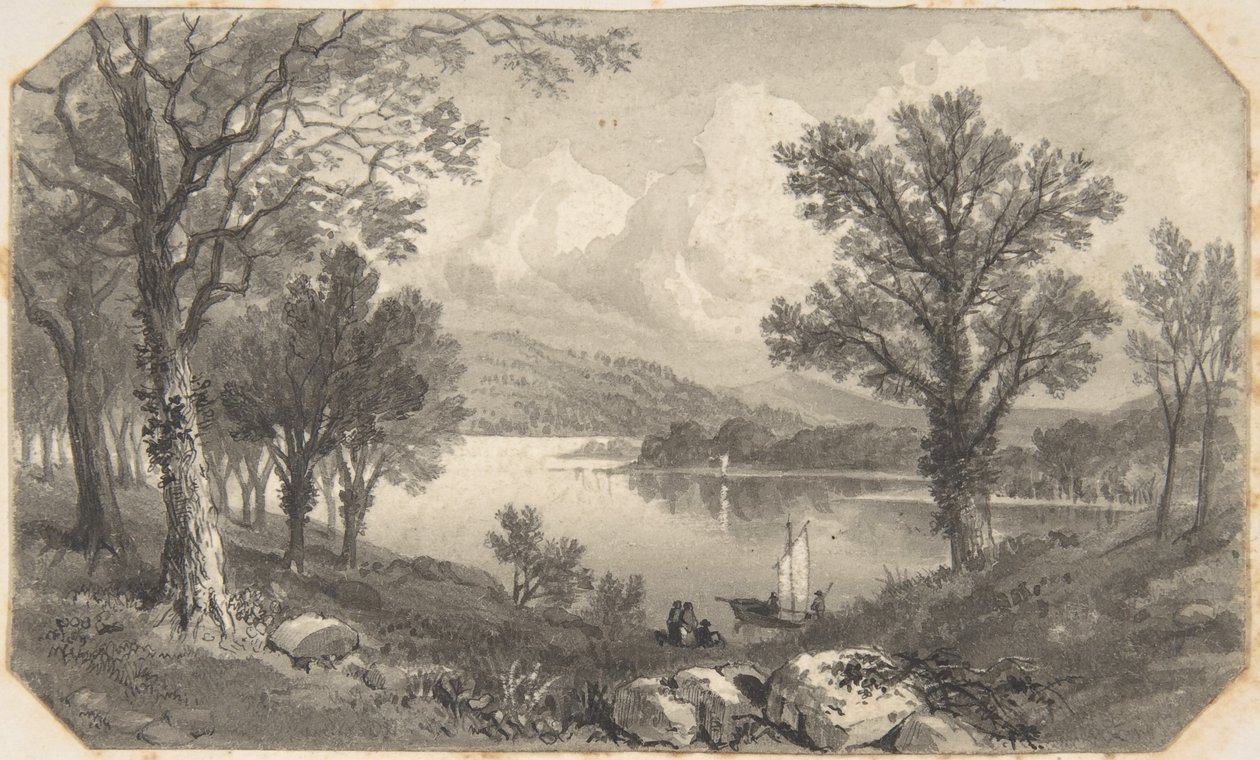 Widok na jezioro lub rzekę z żaglówką autorstwa David Octavius Hill