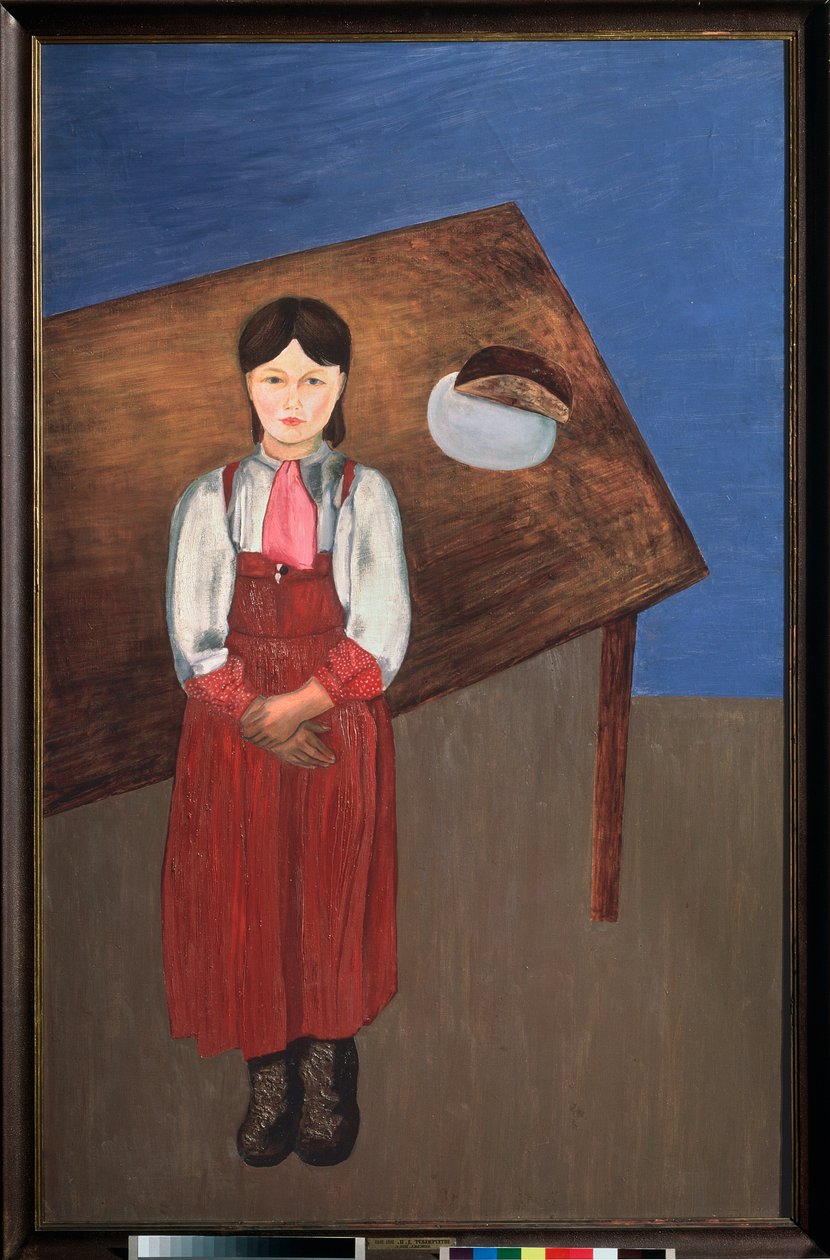 Aniśka. (portret melancholijnej dziewczynki przed stołem). Obraz Davida Pietrowicza Sterenberga (1881-1948), olej na płótnie autorstwa David Petrovich Sterenberg
