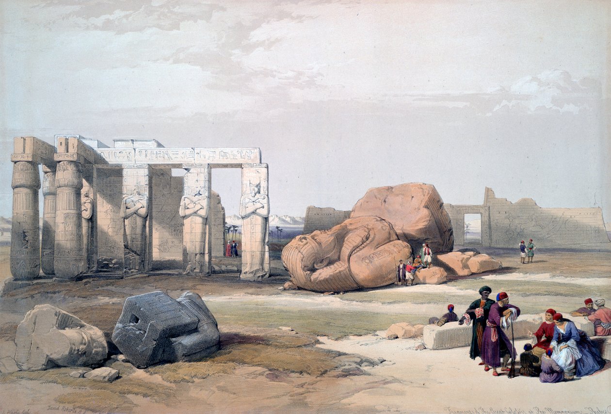„Fragmenty Wielkich Kolosów, w Memnonium”, XIX w. autorstwa David Roberts, Louis Haghe