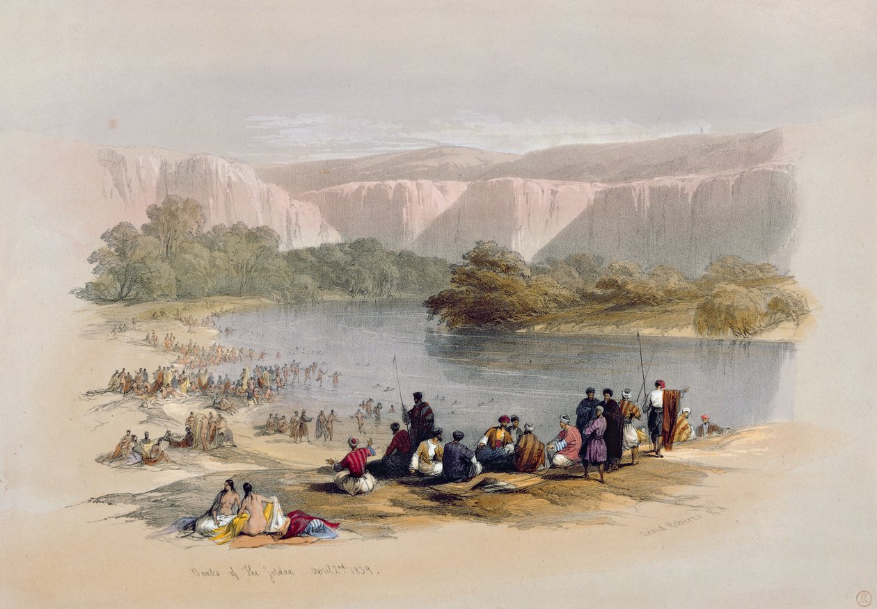 Brzegi Jordanu, 2 kwietnia 1839, tablica 48 z tomu II „Ziemia Święta”, sztychowana przez Louisa Haghe (1806-1885) wyd. 1843 autorstwa David Roberts