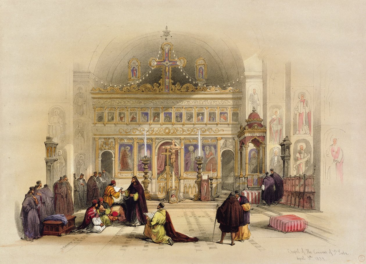 Kaplica klasztoru św. Saby, 5 kwietnia 1839, z tomu II „wyd. w Londynie „Ziemia Święta”; grawerowane przez Louisa Haghe (1806-85) 1842 Land, 