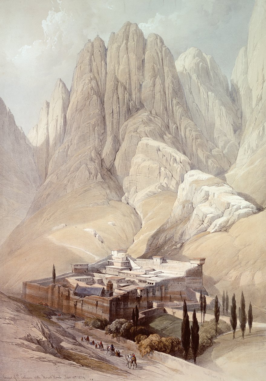 Klasztor św. Katarzyny z Górą Horeb, 19 lutego 1839, tablica 118 z III tomu "Ziemi Świętej", rycina Louis Haghe (1806-85), pub.1849 autorstwa David Roberts