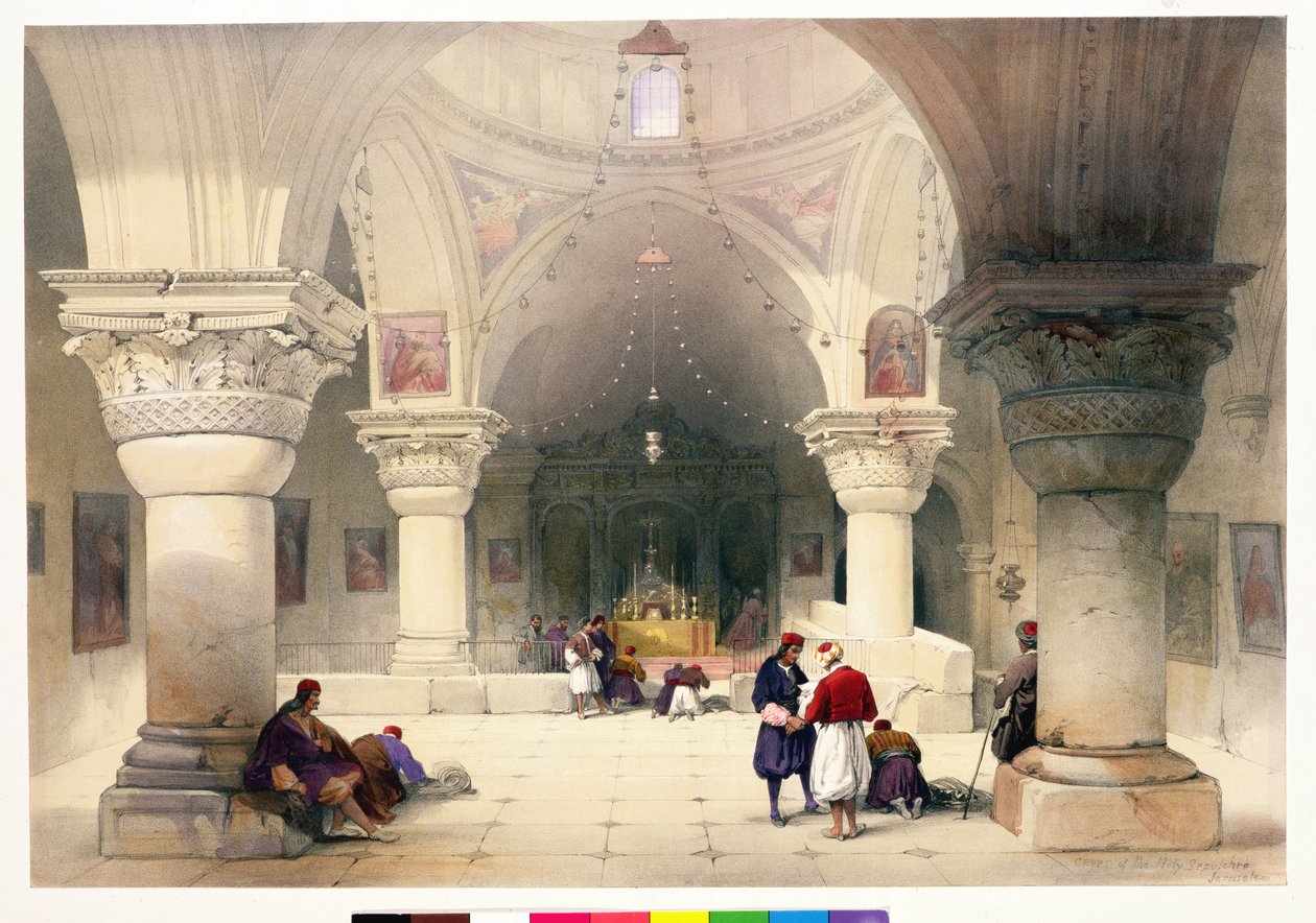 Krypta Grobu Świętego, Jerozolima, tablica 20 z tomu I Ziemi Świętej, ryty Louis Haghe (1806-85) wyd. 1842 autorstwa David Roberts