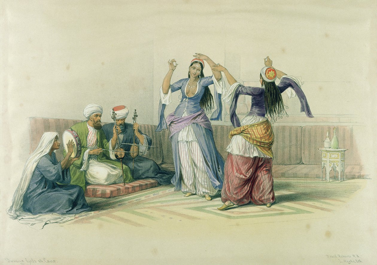 Tańczące dziewczyny w Kairze, z „Egiptu i Nubii”, ryty przez Louisa Haghe (1806-1885) autorstwa David Roberts