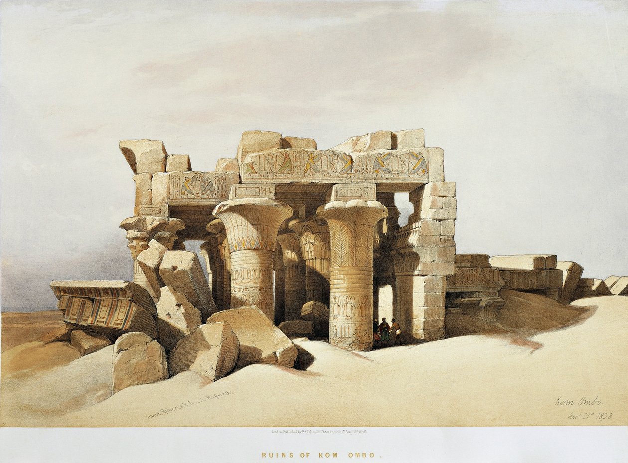 Egipt, Ruiny świątyni Kom Ombo poświęconej Sobkowi i Horusowi, David Roberts, rycina autorstwa David Roberts