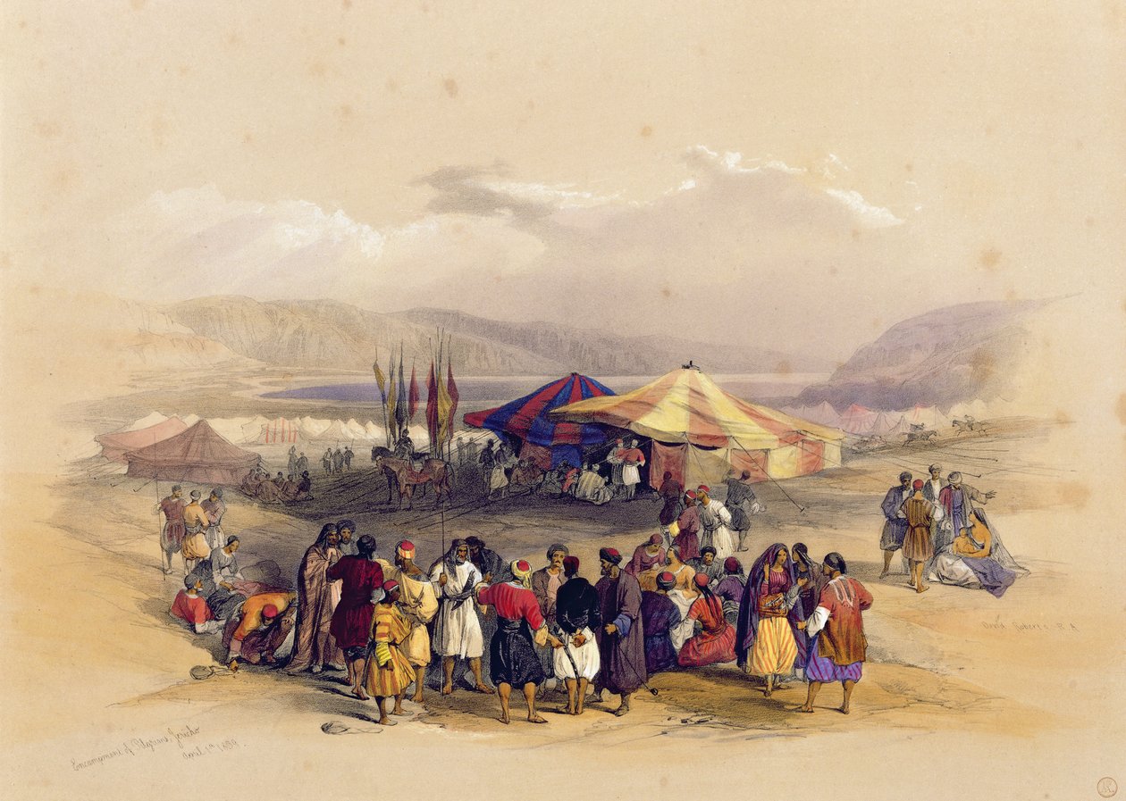 Obóz pielgrzymów w Jerychu” 1 kwietnia 1839, z tomu II „Ziemia Święta”; grawerowane przez Louisa Haghe (1806-1885) opublikowane w Londynie, 1842 autorstwa David Roberts