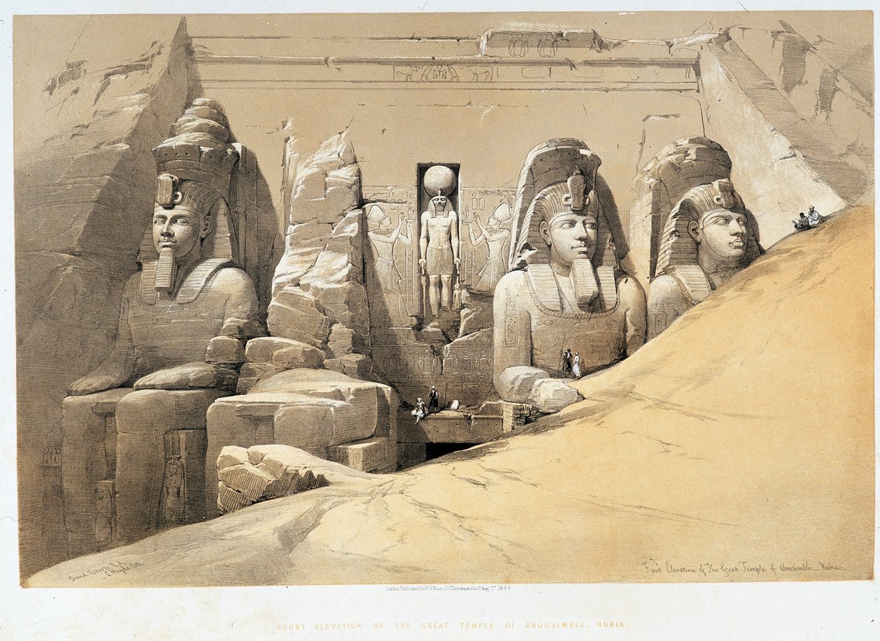 Elewacja frontowa wielkiej świątyni Aboo Simbel (Abu Simbel, Abu lub Abu Simbel), Nubia (Nubia) w „Ziemi Świętej”, Londyn 1849 autorstwa David Roberts