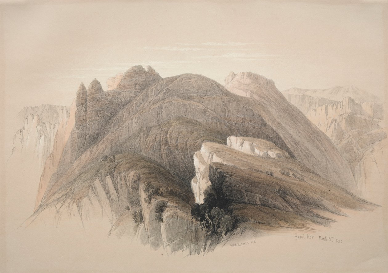 Gebil Hor. Góra Hor, z klifów otaczających Petrę, 1839. autorstwa David Roberts