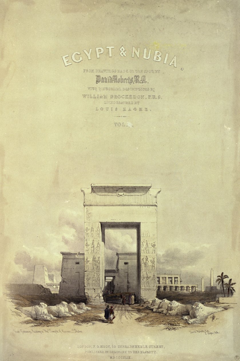 Wielka brama prowadząca do świątyni w Karnaku, strona tytułowa do „Egiptu i Nubii”, litografia Louisa Haghe, opublikowana w 1849 r. (litografia) autorstwa David Roberts