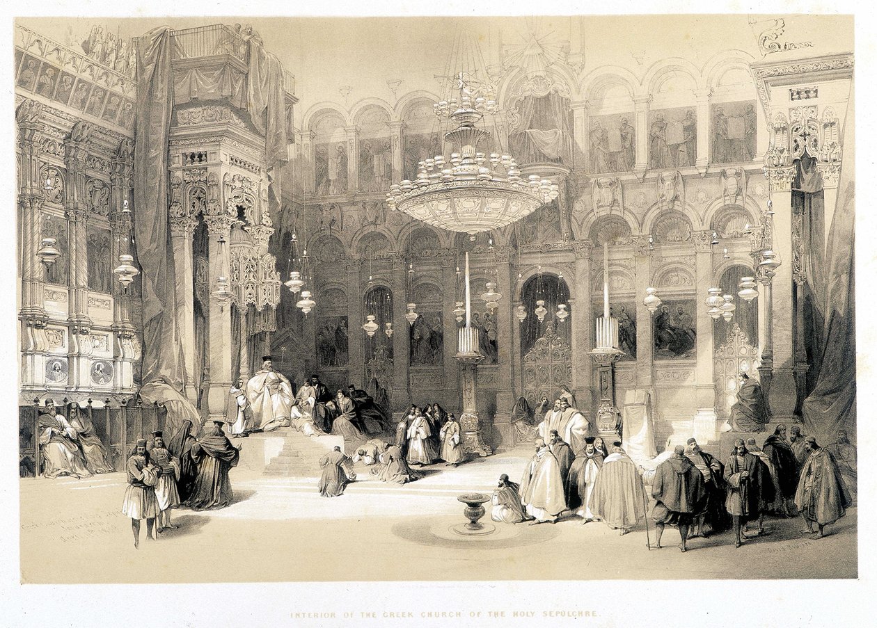 Wnętrze kościoła Creek of the Holy Sepulchre, rysunek wykonany 11.04.1839 w „Ziemi Świętej”, Londyn 1849 autorstwa David Roberts