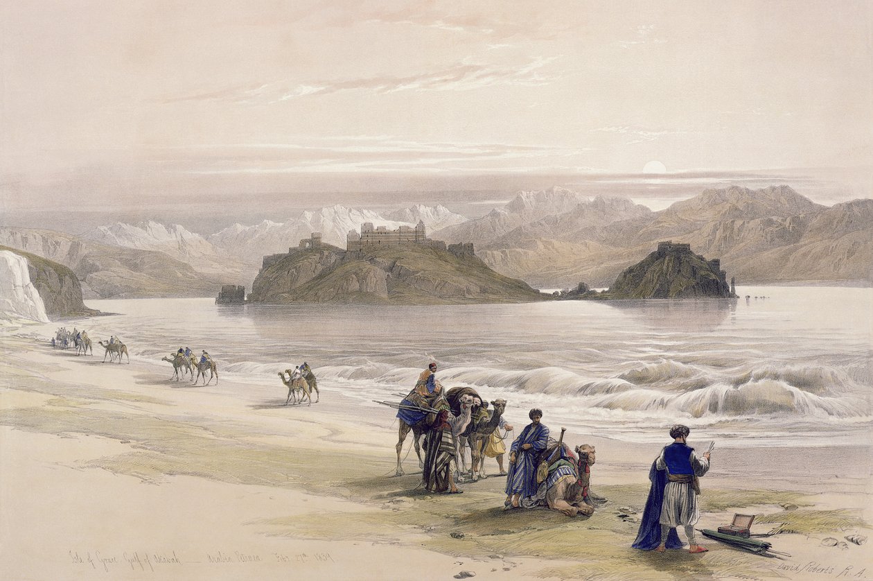 Isle of Graie, Gulf of Akabah, Arabia Petraea, 27 lutego 1839, tablica 108 z tomu III "The Holy Land", rytował Louis Haghe (1806-85) pub. 1849 autorstwa David Roberts