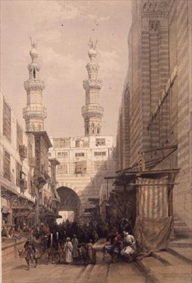 Minarety i Wielkie Wejście do Meczetu Metwalysów, Kair, z „Egiptu i Nubii”, tom 3 (lito) autorstwa David Roberts