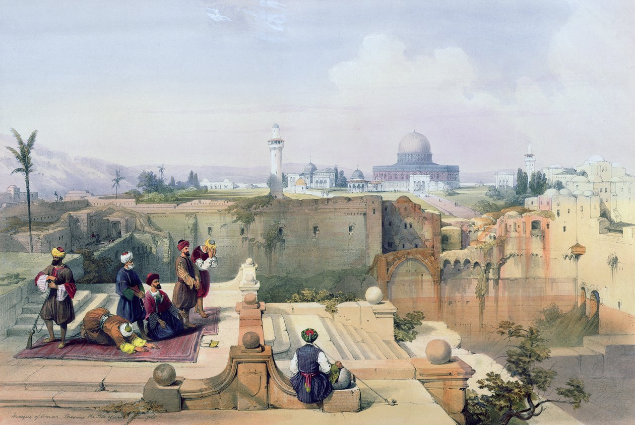 Meczet Omara ukazujący miejsce Świątyni, tablica 8 z tomu I Ziemi Świętej rytowana przez Louisa Haghe (1806-85), opublikowana w 1842 r. autorstwa David Roberts