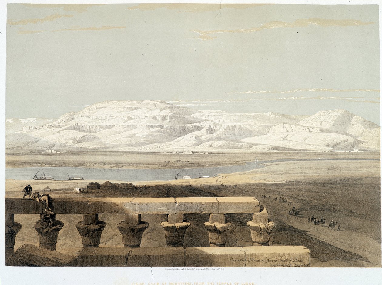 Góra w Libii, widziana ze świątyni w Luksorze w Egipcie. Rysunek wykonany 1838 w „Ziemi Świętej”, Londyn 1849 autorstwa David Roberts