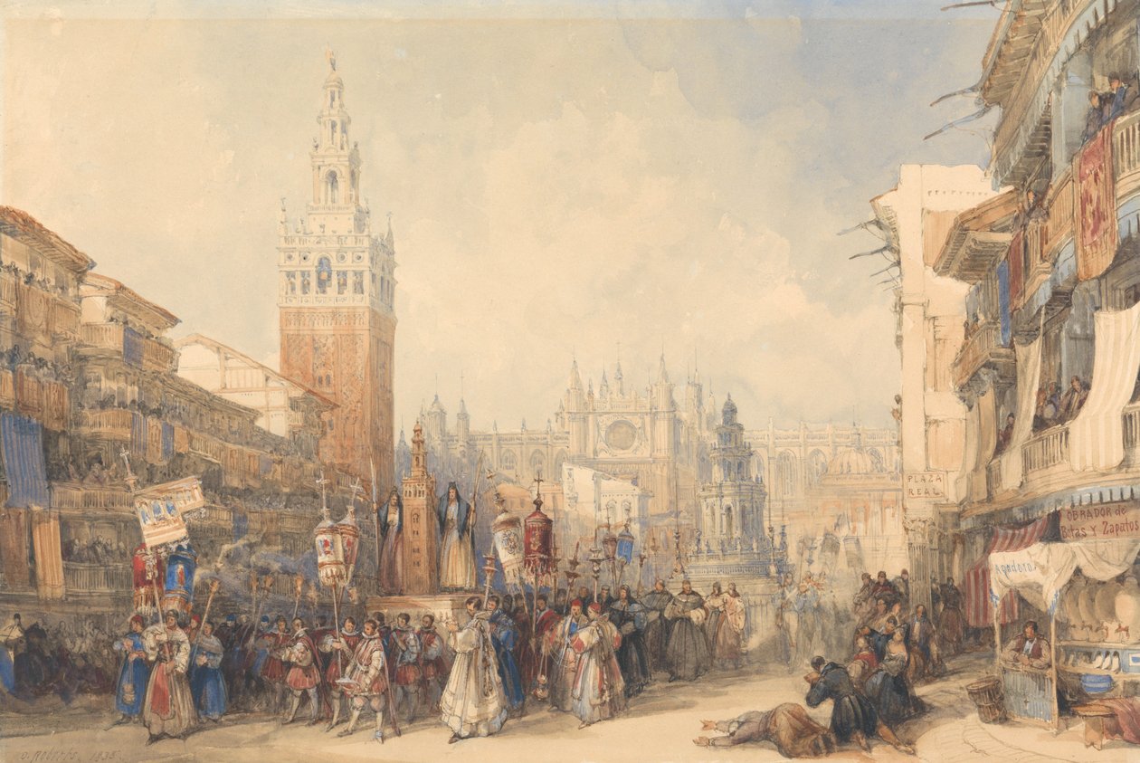 Plaza Real i procesja autorstwa David Roberts