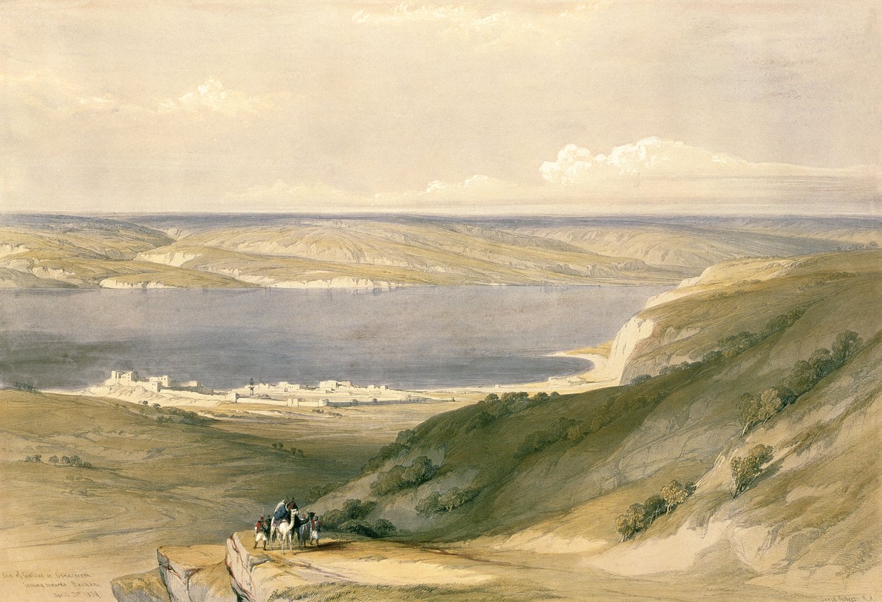 Jezioro Galilejskie lub Genezaret, patrząc w kierunku Baszanu, 21 kwietnia 1839, tablica 36 z I tomu "Ziemi Świętej", rytował Louis Haghe (1806-85), pub. 1842 autorstwa David Roberts
