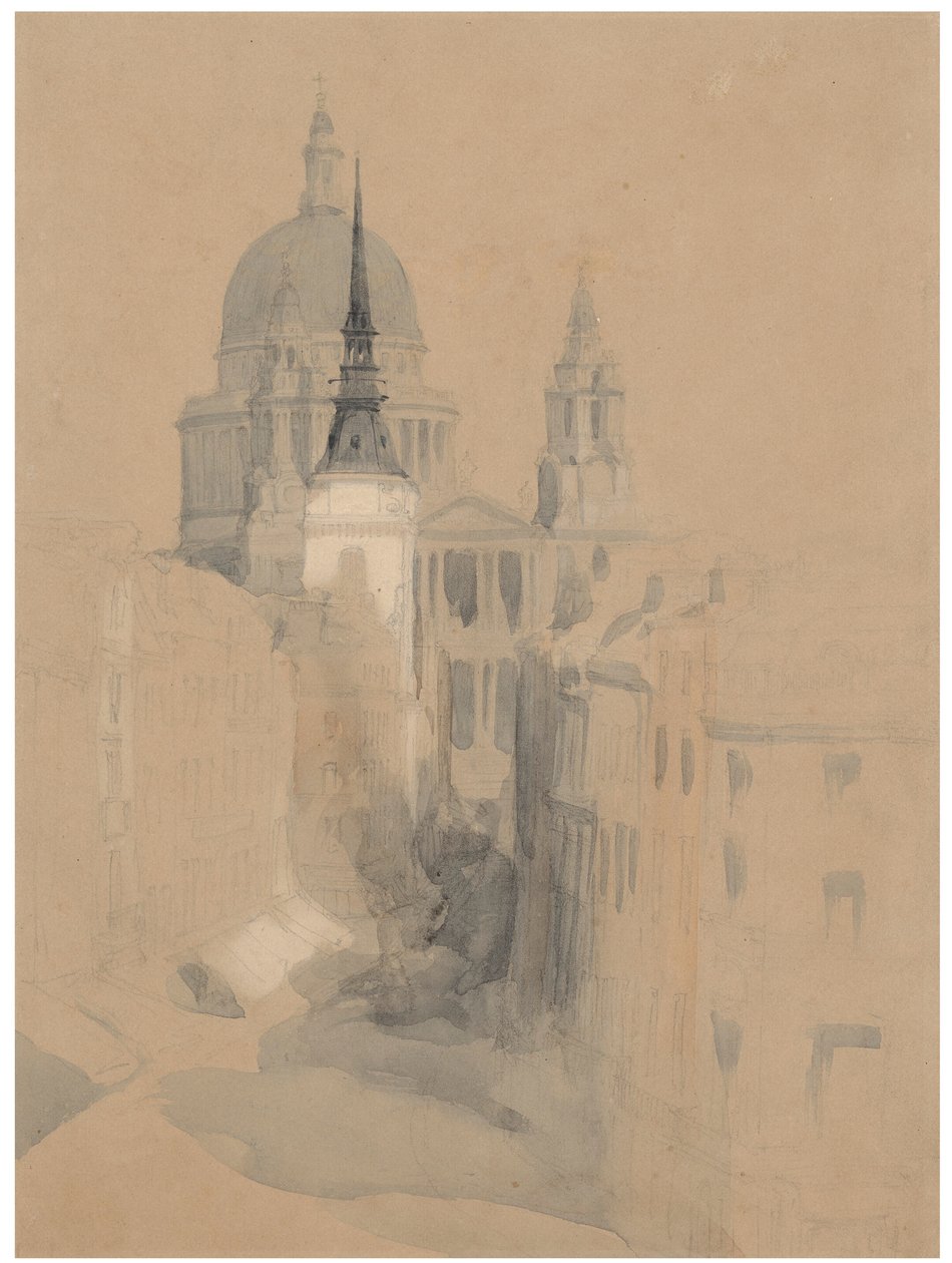 Szkic katedry św. Pawła w Londynie z Ludgate Circus autorstwa David Roberts