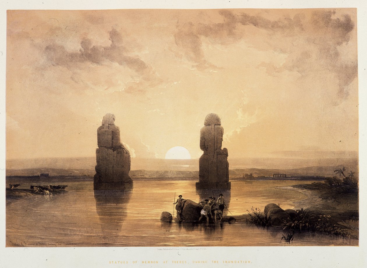Posągi Memnona (Kolosy Memnona) w Tebach, podczas powodzi - w „Ziemi Świętej”, Londyn 1849 autorstwa David Roberts