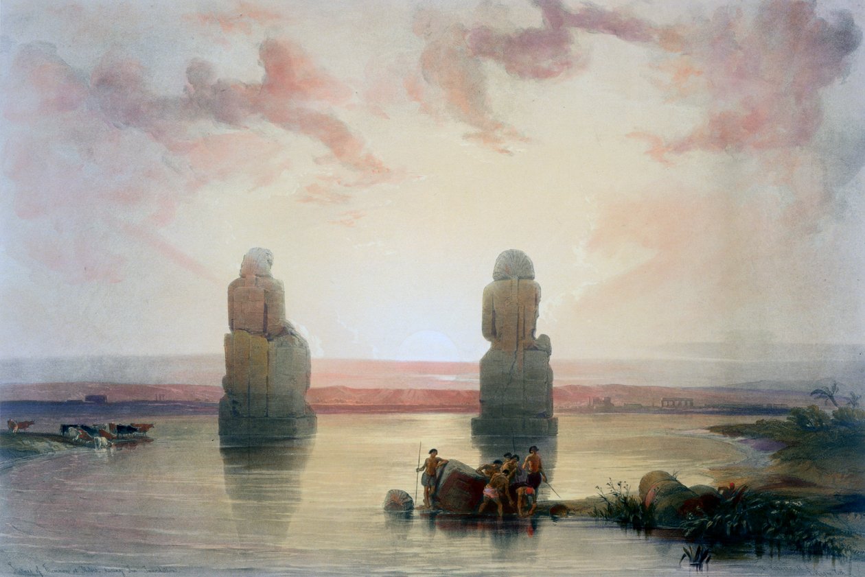 Kolosy Memnona w Tebach podczas powodzi, XIX w. autorstwa David Roberts