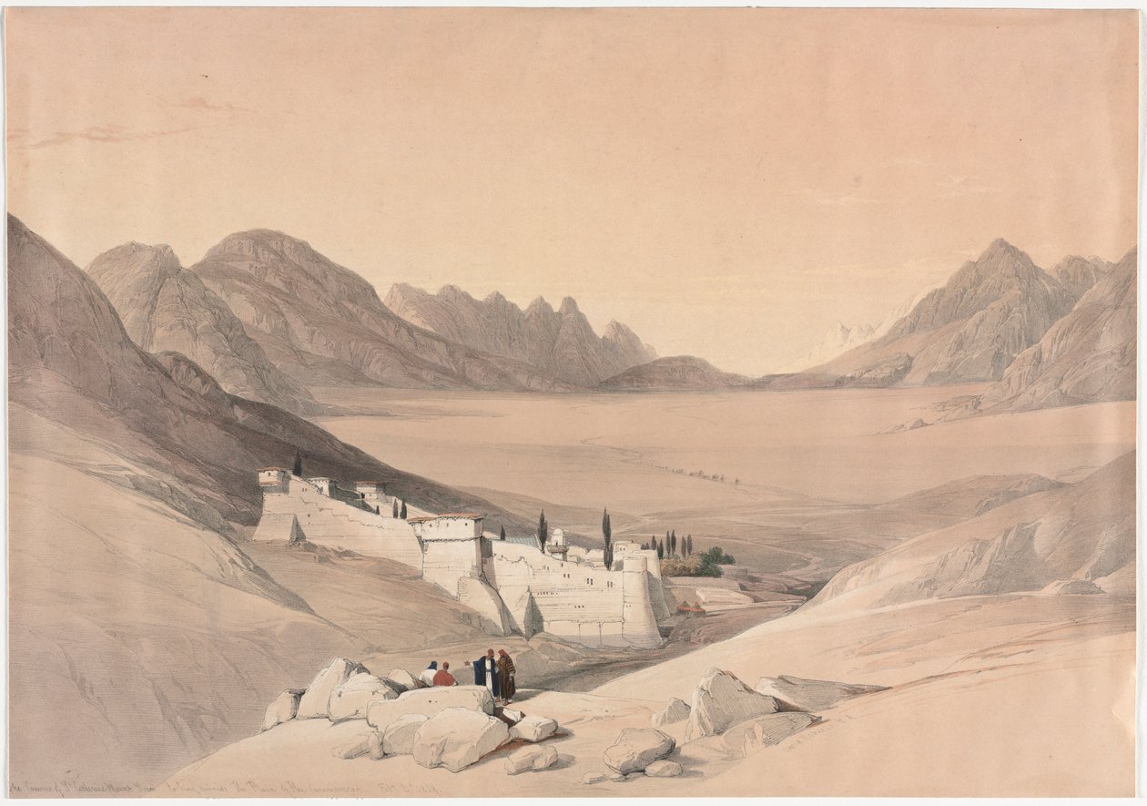 Klasztor św. Katarzyny, góra Synaj, patrząc w kierunku równiny obozowej, 1839. autorstwa David Roberts
