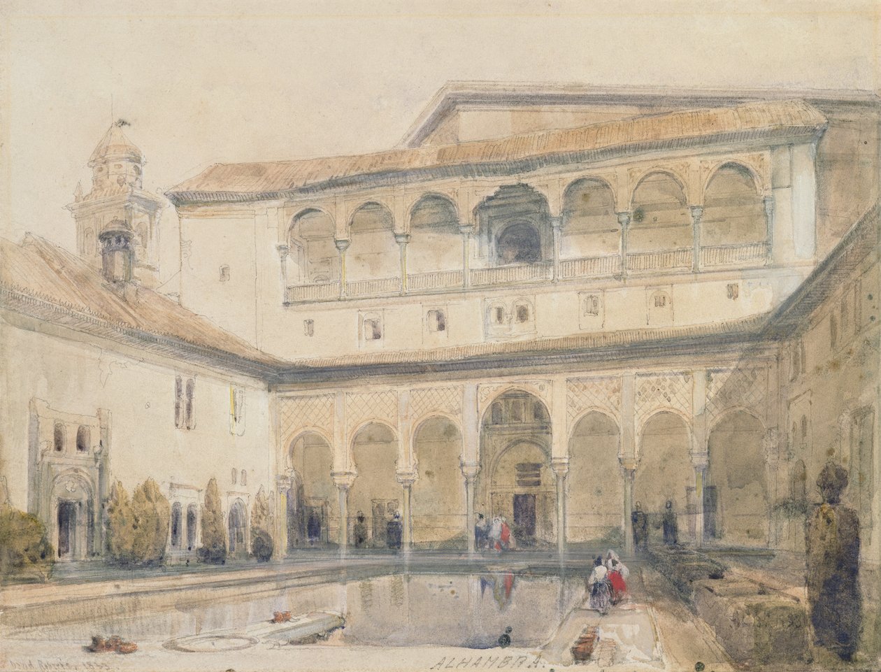 The Court of Myrtles, Alhambra (lub Hall of Myrtles, Alhambra) 1833 (ołówek i akwarela na papierze) autorstwa David Roberts