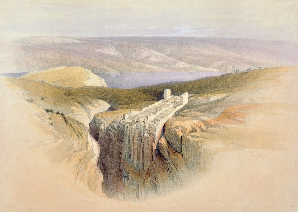 Morze Martwe w kierunku Moabu, 4 kwietnia 1839, tablica 50 z II tomu "Ziemi Świętej", ryciny Louis Haghe (1806-85) pub. 1843 autorstwa David Roberts
