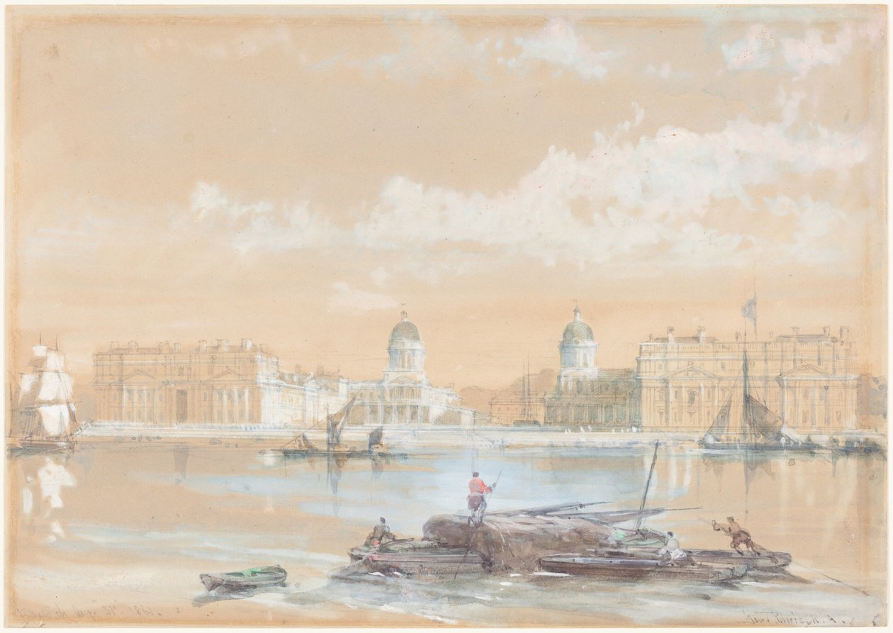 Akademia Marynarki Wojennej widziana z rzeki w Greenwich autorstwa David Roberts
