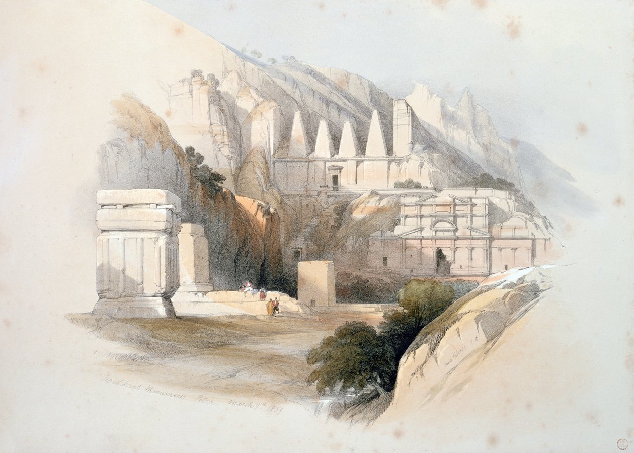 Nekropolia, Petra, z tomu III „Ziemia Święta”, 1839 (litografia ręcznie kolorowana) autorstwa David Roberts