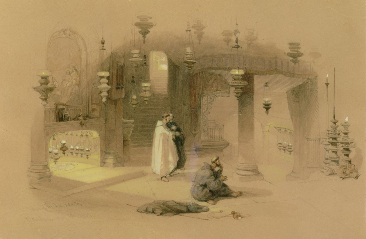 Sanktuarium Narodzenia Pańskiego, Betlejem, 1839 (wc nad ołówkiem, podkreślone gwaszem i gumą arabską na papierze płowym) autorstwa David Roberts