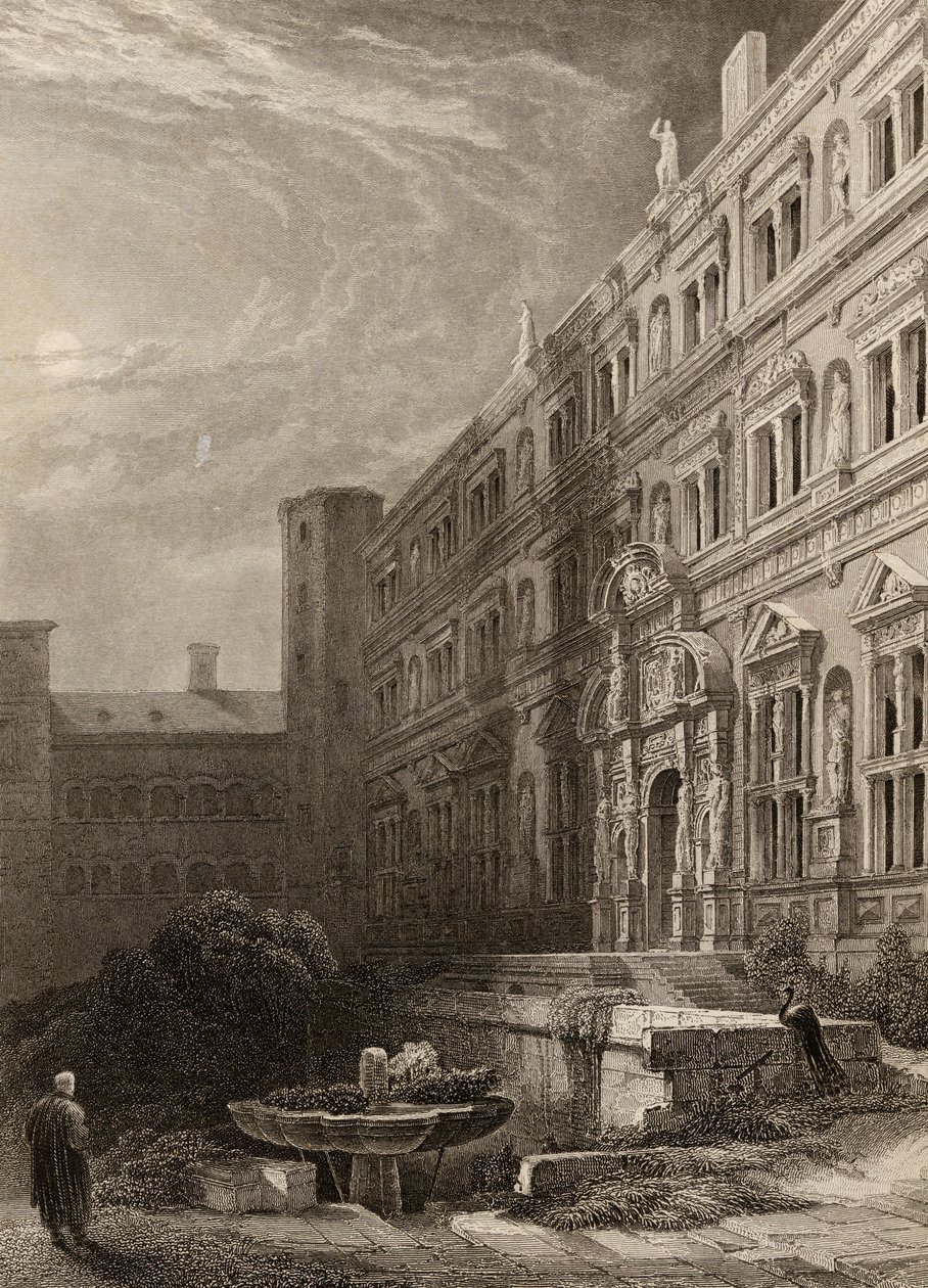 Wielki dwór w Heidelbergu, ryt H. Winklesa, ilustracja z „Pielgrzymów Renu” wydanej w 1840 r. autorstwa David Roberts