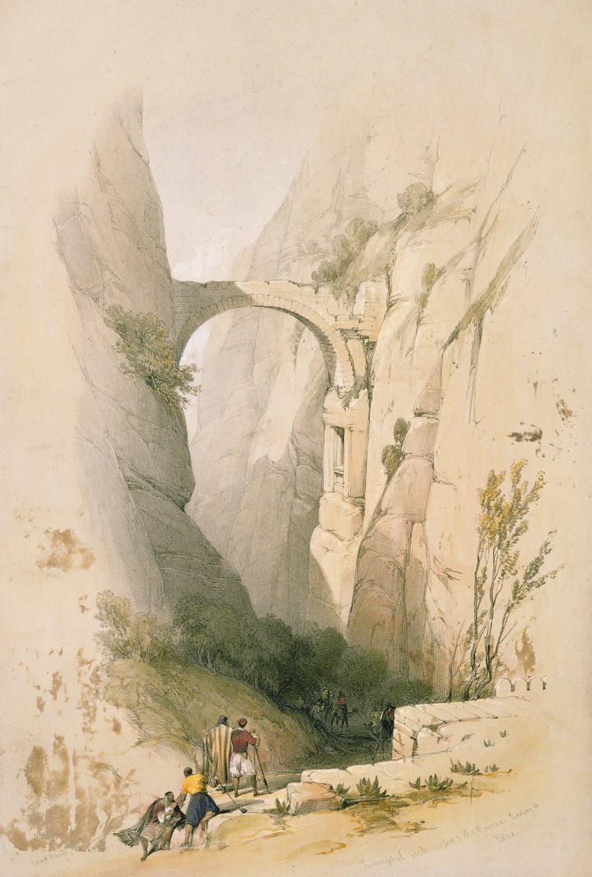 Łuk Triumfalny przecinający Wąwóz prowadzący do Petry, tablica 95 z tomu III „Ziemia Święta”, ryty Louis Haghe (1806-85) wyd. 1849 autorstwa David Roberts