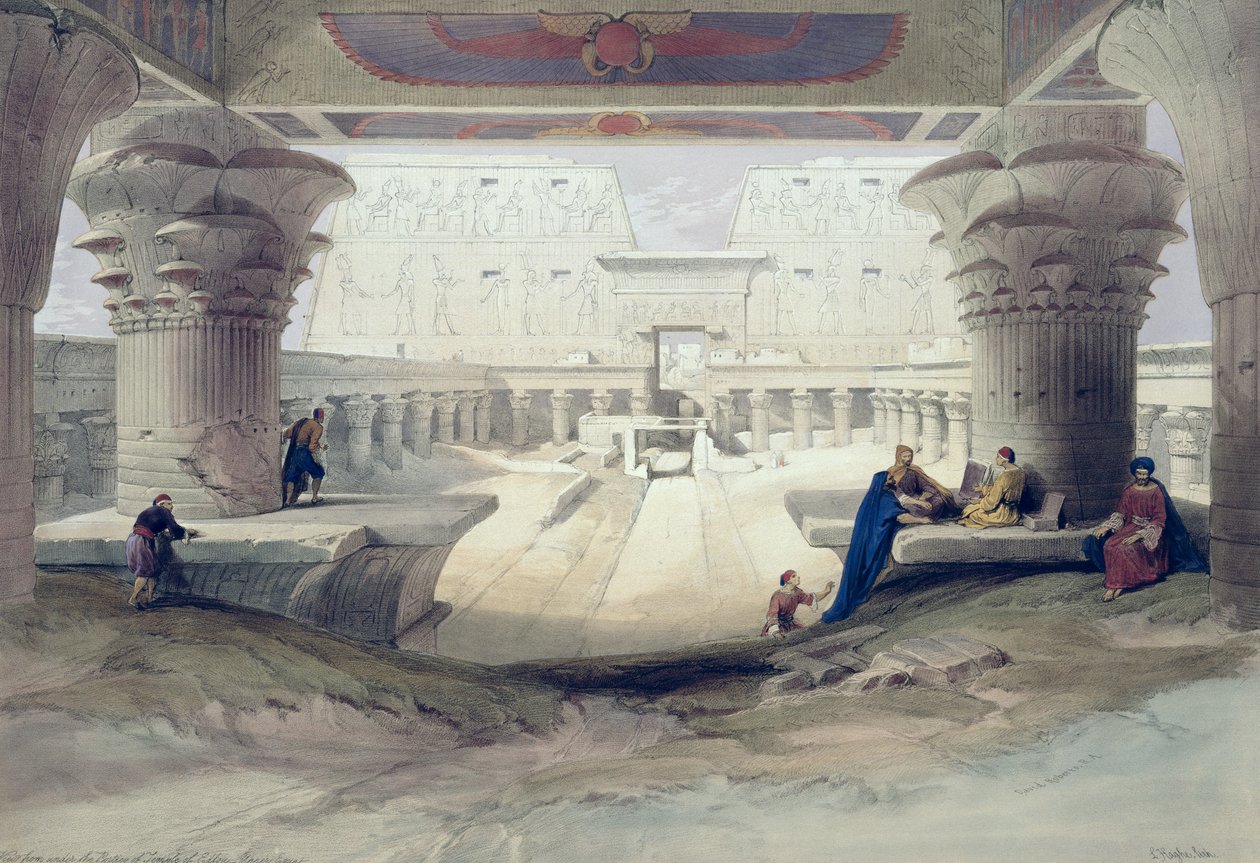Widok spod portyku świątyni Edfou, Górny Egipt, tablica 32 z tomu I Egiptu i Nubii, rytowana przez Ludwika Haghe (1806-85) wyd. 1846 autorstwa David Roberts