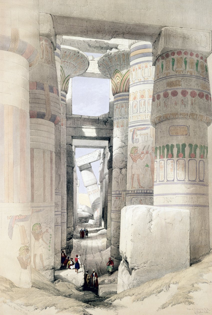 „Widok przez Salę Kolumn, Karnak”, Egipt, ok. 1845 r. autorstwa David Roberts