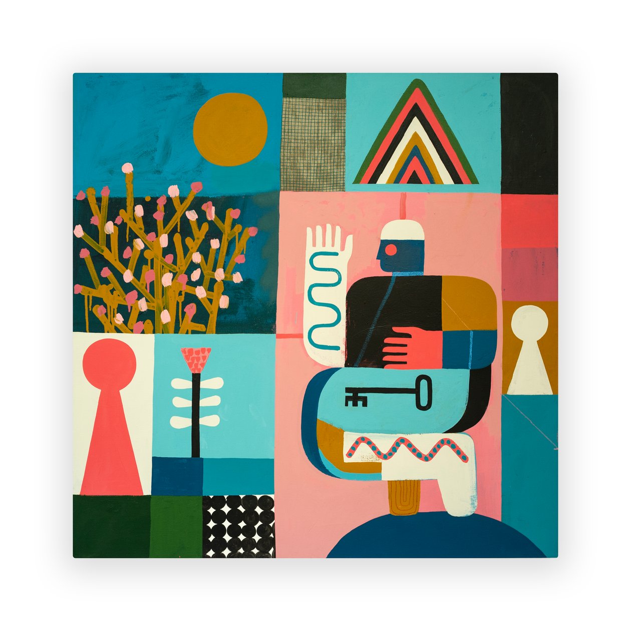 Wspinaczka na Górę Molekularną, 2023 (farba i kolaż na płótnie) autorstwa David Shillinglaw