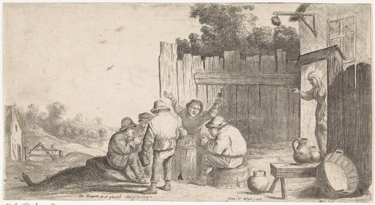 Pięciu rolników około tony Plenerowe sceny rodzajowe (tytuł serialu) autorstwa David Teniers (II) (attributed to workshop of)