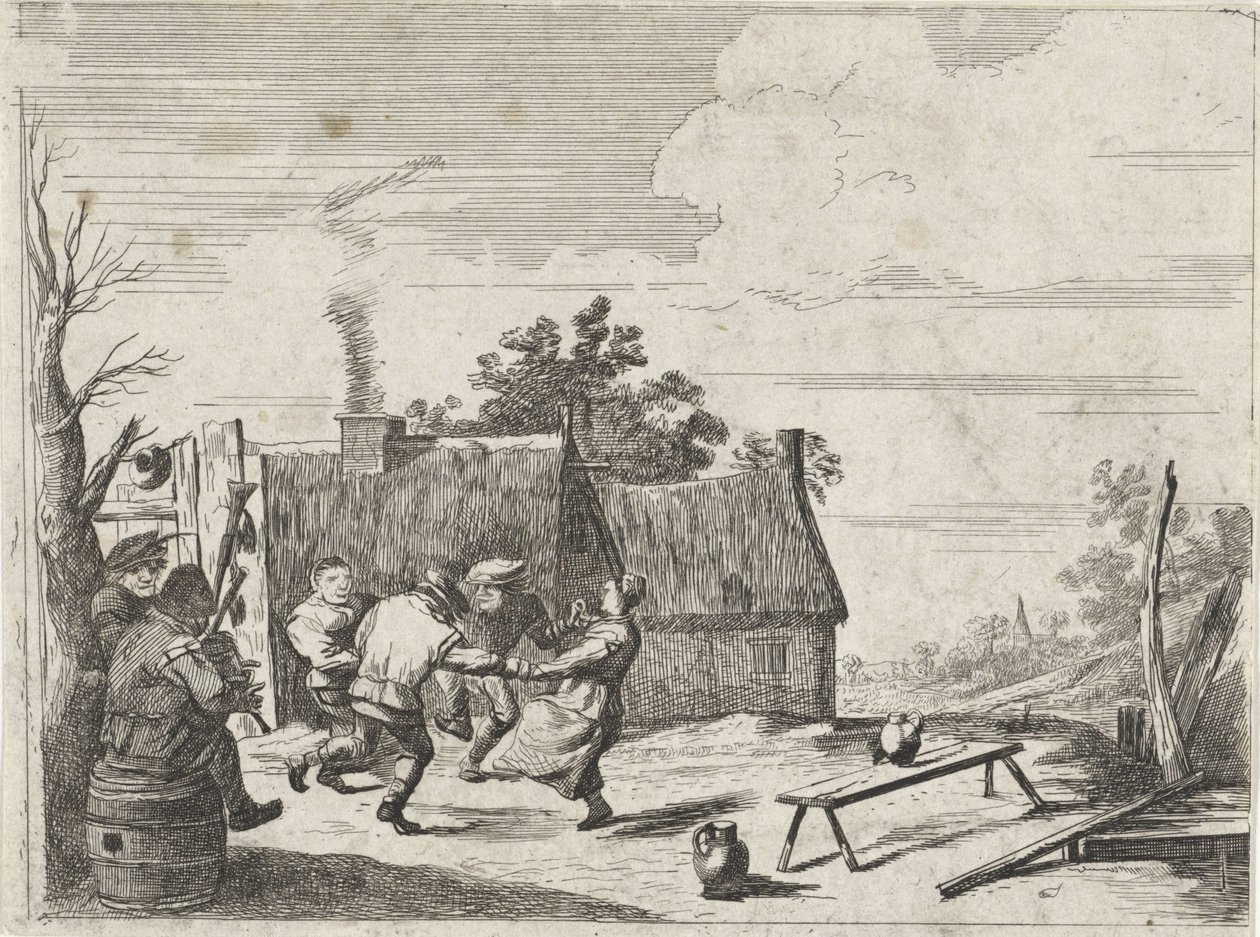 Tańczący farmerzy przy muzyce dwóch muzyków autorstwa David Teniers (II)