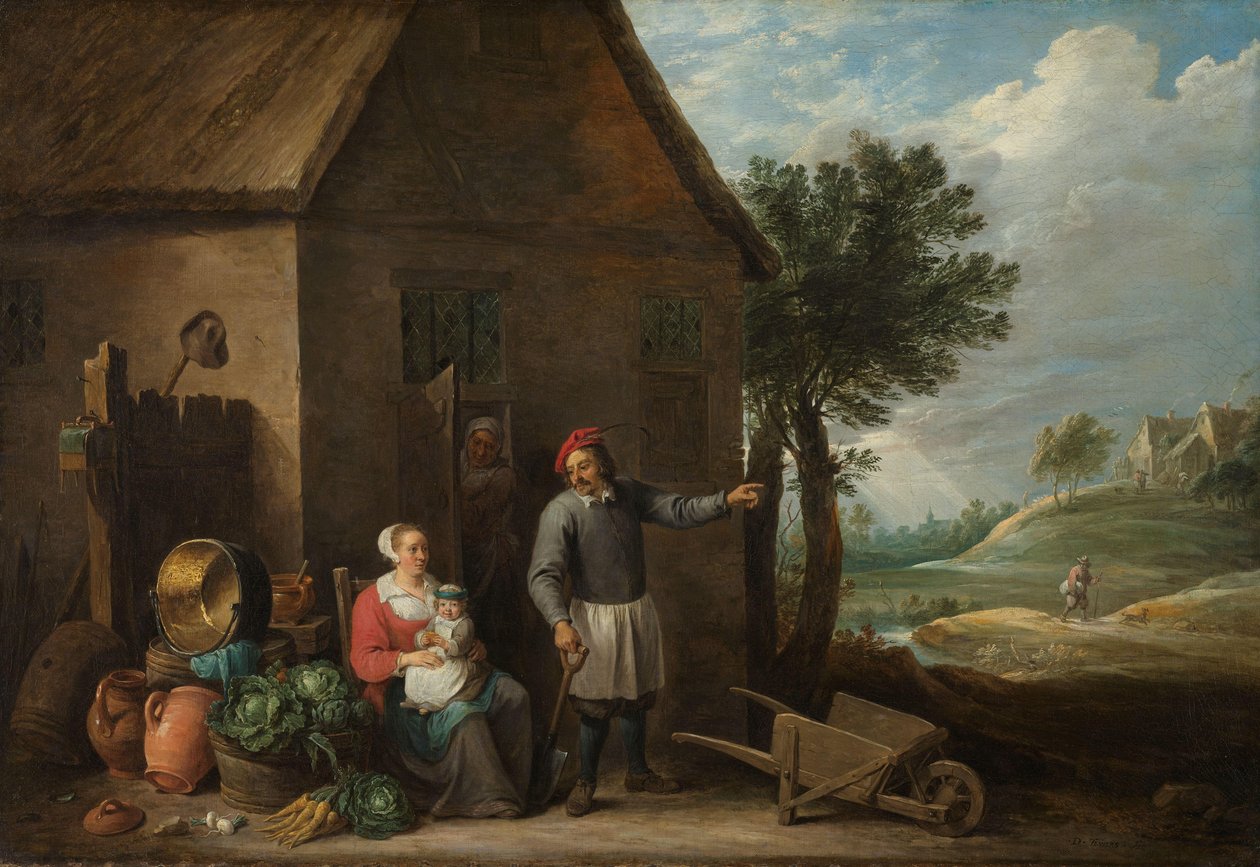 Mąż przy drzwiach chaty z siedzącą kobietą i dzieckiem autorstwa David Teniers (II)