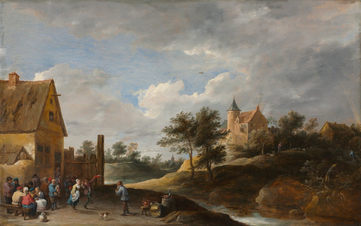 Krajobraz z tańczącymi chłopami autorstwa David Teniers