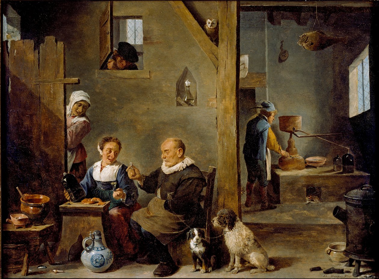 Destylarnia ze starszym mężczyzną kupującym gin od kobiety, c1640-1649 autorstwa David Teniers II