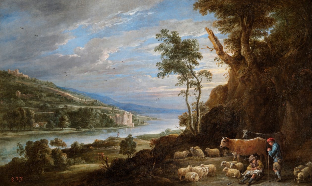 „Krajobraz z pasterzami i odległym widokiem na zamek”, XVII w. autorstwa David Teniers II