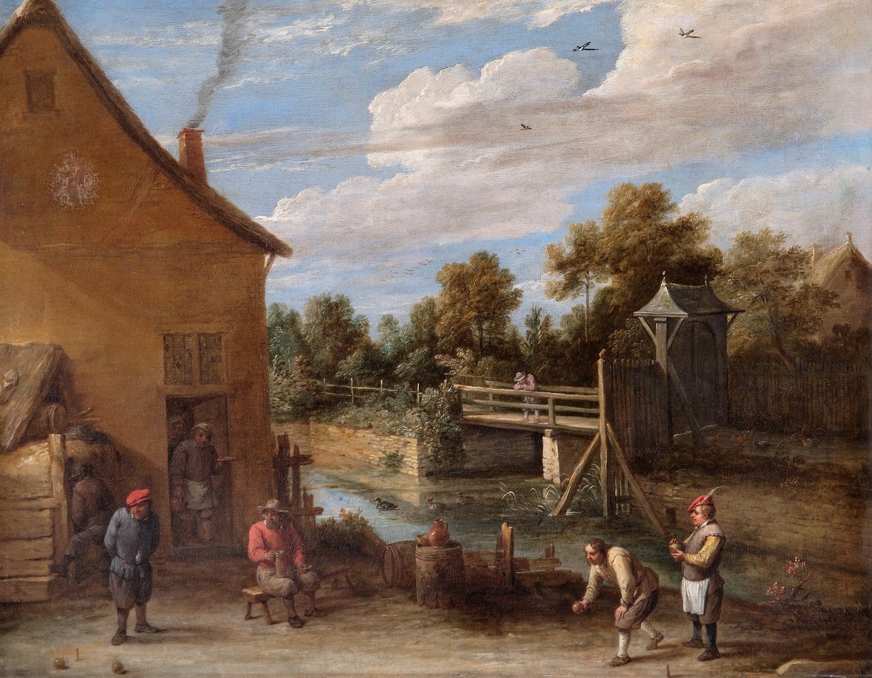 „Chłopi grający w kręgle przed karczmą nad rzeką”, XVII w. autorstwa David Teniers II