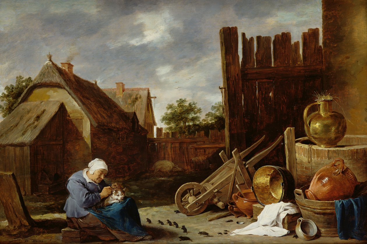 Kot pielęgnowany przez staruszkę autorstwa David Teniers the Younger