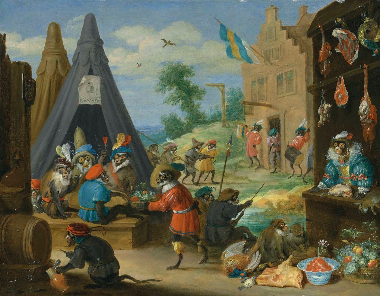 Festiwal małp (małpy przebrane za żołnierzy w obozowisku w pobliżu miasta) autorstwa David Teniers the Younger