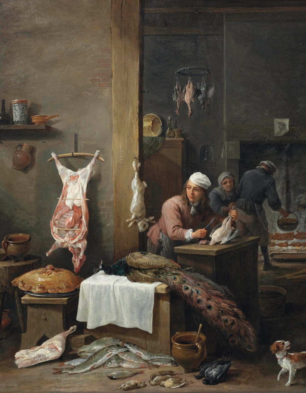 Wnętrze kuchni z kucharzem przygotowującym dziczyznę przy stole (Le Cuisinier Flamand) autorstwa David Teniers the Younger